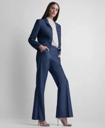 Dkny Petite Dressy Denim Notch Collar Cropped Jacket Straight Fit Denim Trousers In Blue
