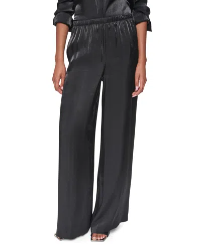 Dkny Petite East River Shine Wide-leg High-rise Satin Pants In Black