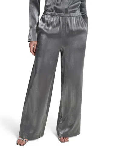 Dkny Petite East River Shine Wide-leg High-rise Satin Pants In Gray