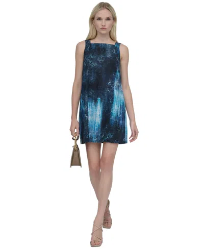 Dkny Petite Faded-print Square-neck Mini Shift Dress In Indigo Blue