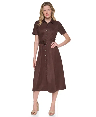 Dkny Petite Faux Suede Short-sleeve Midi Shirt Dress In Brown