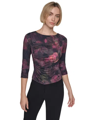 Dkny Petite Floral 3/4-sleeve Blouse In Black