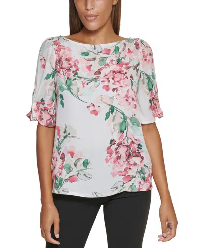 Dkny Petite Floral-print Embellished Elbow-sleeve Blouse In Pink Multi