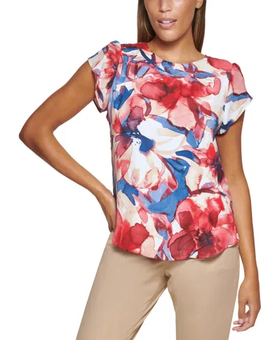 Dkny Petite Floral-print Flutter-sleeve Blouse In Red Multi