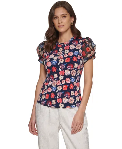 Dkny Petite Floral-print Puff-sleeve Blouse In Navy,red