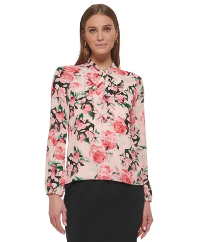 Dkny Petite Floral-print Tie-neck Blouse In Peony Multi