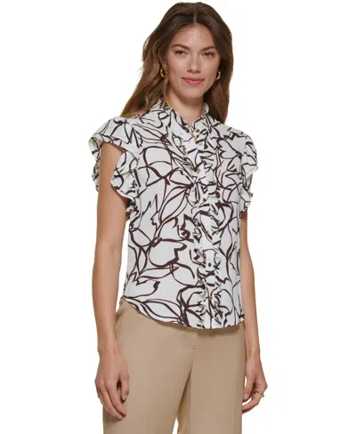 Dkny Petite Flutter Short-sleeve Mock Neck Blouse In Multi