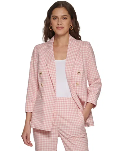 Dkny Petite Gingham Double-breasted Blazer In Dusty French Rose