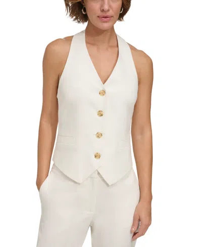 Dkny Petite Halter-neck Button-front Vest In Ivory