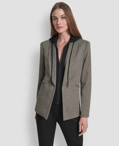 Dkny Petite Herringbone Pattern Fleece Hood Blazer In Animal Print