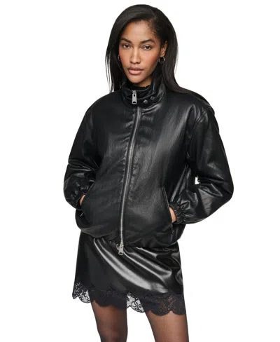 Dkny Petite High-collar Faux-leather Bomber Jacket In Black