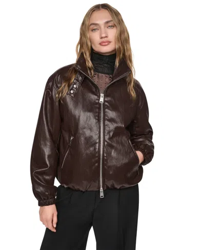 Dkny Petite High-collar Faux-leather Bomber Jacket In Brown