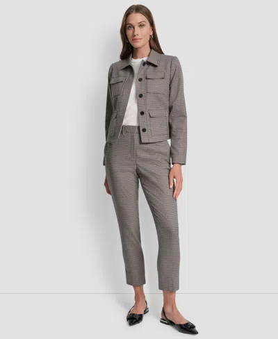 Dkny Petite Houndstooth Long Sleeve Trucker Jacket In Gray