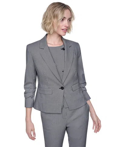 Dkny Petite Houndstooth One-button Notch Collar Blazer In Gray