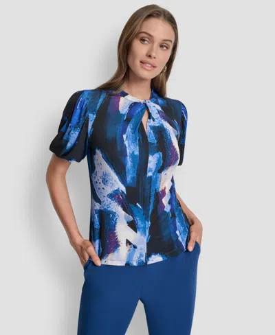 Dkny Petite Keyhole Neck Balloon Sleeve Top In Blue