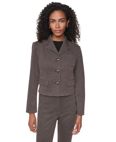 Dkny Petite Knit Diamond Jacquard Cropped Blazer In Gray