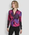 Dkny Petite Knot Front Long Sleeve Top In Multi