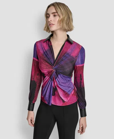 Dkny Petite Knot Front Long Sleeve Top In Multi