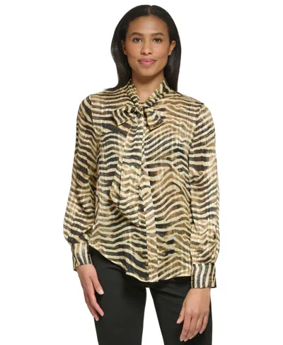 Dkny Petite Long-sleeve Button Front Tie-neck Top In Multi