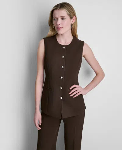 Dkny Petite Longline Crewneck Vest In Brown