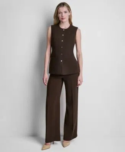 Dkny Petite Longline Crewneck Vest Mid Rise Zip Front Trouser Pants In Brown