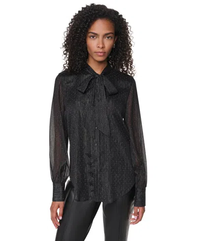 Dkny Petite Long-sleeve Tie-neck Button-up Blouse In Black
