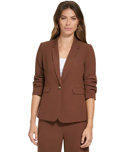 Dkny Petite Madison 1-button Long-sleeve Jacket In Brown