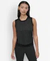 Dkny Women's Mixed-media Pinstripe Sweater Vest In Black,ivory Pinstripe