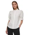 Dkny Petite Mock Neck Ruffle-sleeve Blouse In White
