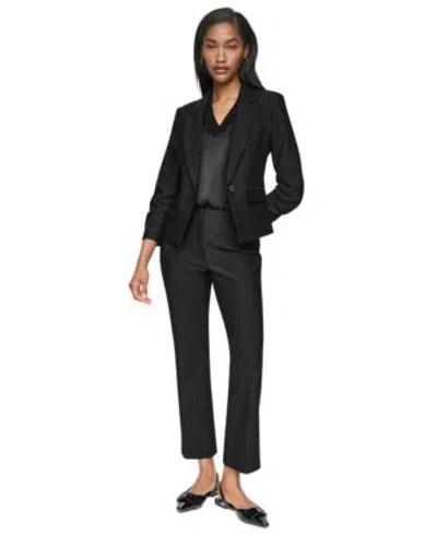 Dkny Petite Pinstripe One Button Notch Collar Jacket Ponte High Rise Front Zip Pants Mix Media V Neck Sle In Black