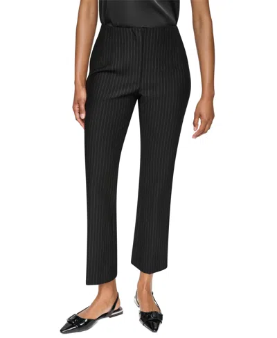 Dkny Petite Pinstripe Ponte High-rise Front-zip Pants In Black