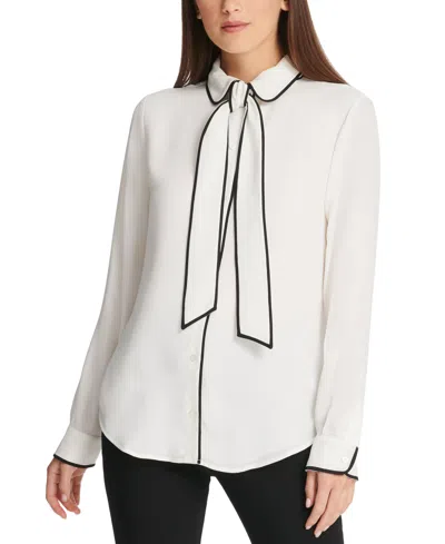 Dkny Petite Piped-trim Button-up Blouse, Created For Macy's In White