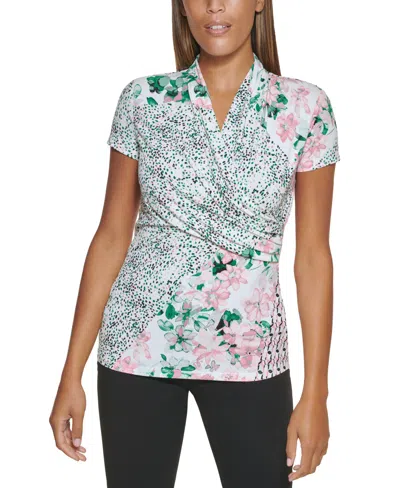 Dkny Petite Printed Faux-wrap Top In Spring Patchwrok Print-french Rose Multi