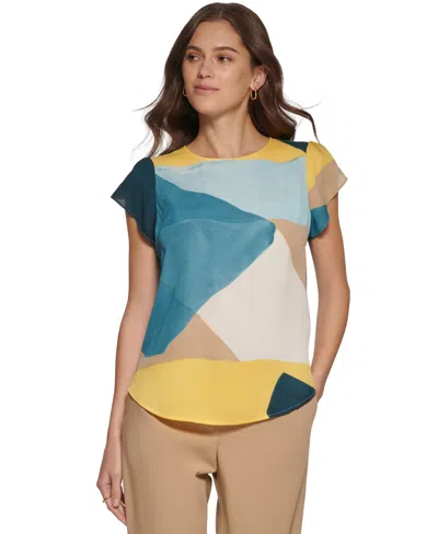 Dkny Petite Printed Flutter-sleeve Blouse In Large Abstract- Eucalyptus,sunkiss Multi
