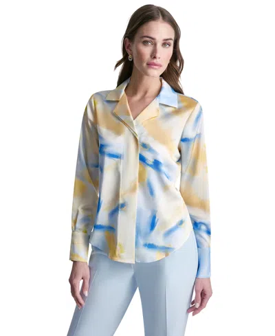 Dkny Petite Printed Long-sleeve Blouse In White