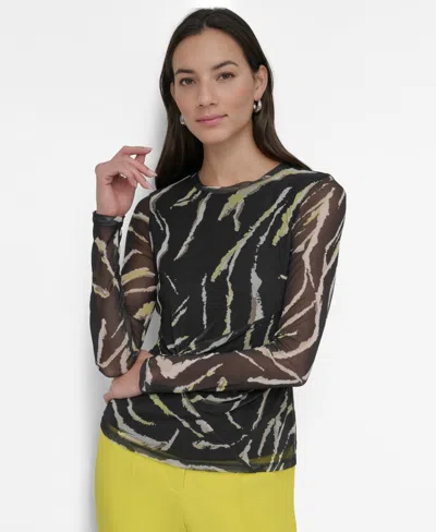 Dkny Petite Printed Mesh Long-sleeve Top In Acid Yellow,black