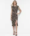 DKNY PETITE PRINTED MESH RUCHED BODYCON MIDI DRESS