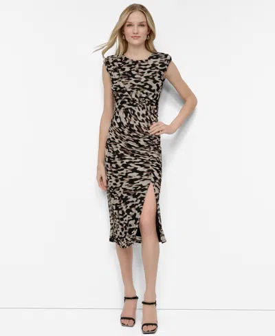 Dkny Petite Printed Mesh Ruched Bodycon Midi Dress