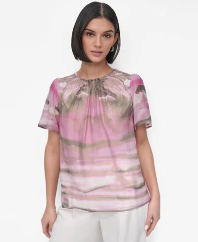 Dkny Petite Printed Puff-shoulder Blouse In Pink