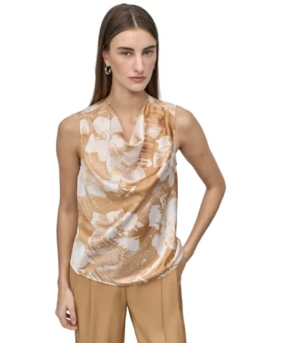 Dkny Petite Printed Sleeveless Cowlneck Top In Brown
