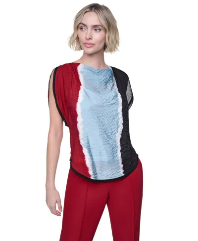 Dkny Petite Printed Voile Flutter Short-sleeve Blouse In Multi