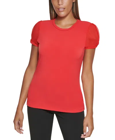 Dkny Petite Puff-sleeve Crewneck Top In Signal Red