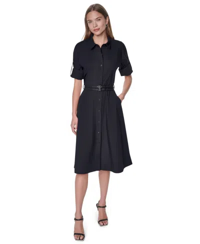 Dkny Petite Roll-tab Button-down Dress In Black