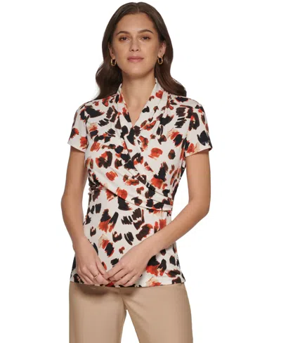 Dkny Petite Short-sleeve Printed Wrap Blouse In Multi