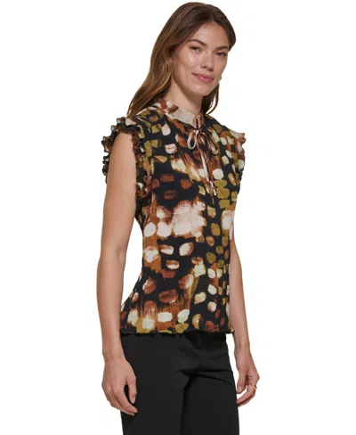 Dkny Petite Short-sleeve Ruffled Blouse Top In Multi