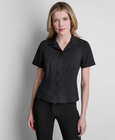 Dkny Petite Short-sleeve Collared Blouse In Black
