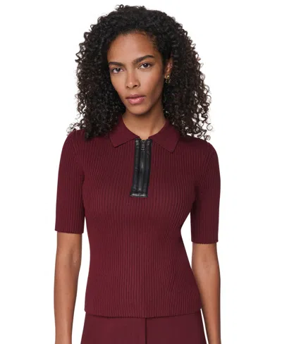 Dkny Petite Short-sleeve Half-zip Ribbed Cotton-blend Sweater In Burgundy