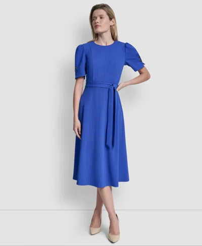 Dkny Petite Short-sleeve Jewel Neck Flared Maxi Dress In Blue