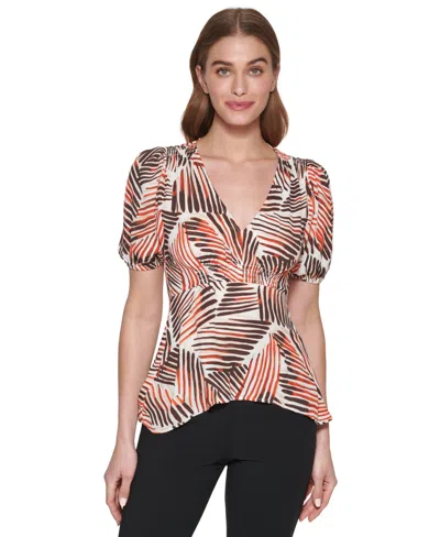 Dkny Petite Short-sleeve Printed V-neck Blouse In Multi
