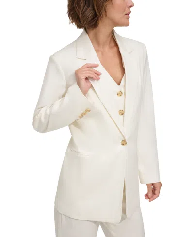 Dkny Petite Shoulder-padded Single-button Blazer In Ivory